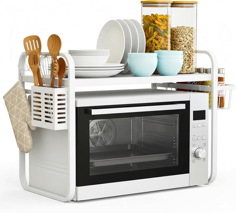 ECASA ™ Expandable Microwave Stand – 2-Tier Height Adjustable Kitchen Rack with Hooks for Utensils, Plates, and Appliances – Countertop & Floor Organizer, Black & White (White) - Image 1