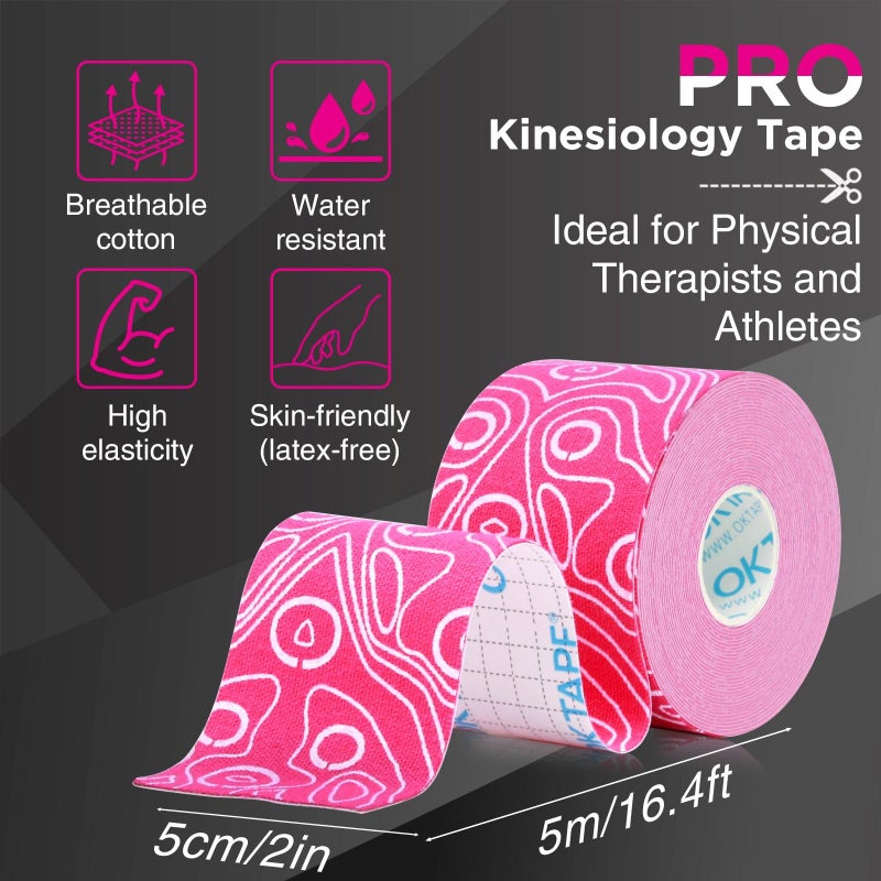 OK TAPE PRO Kinesiology Tape Uncut Roll, Elastic Physical Therapy Athletic Tape for Pain Relief, Muscle Support, Kinetic Tape, Water Resistant, 2in X 16.4ft -Pink - Image 2