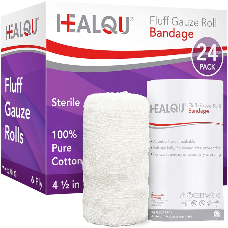 HEALQU Kerlix Type Gauze Bandage Rolls - 4 Â½ in x 4.1 Yds, 6 Ply - 24 Single Sterile Pocuhes - Extra Absorbency, Latex Free, Hospital Grade Cotton Krinkle Fluff Bandage Wrap - Wound Care & First Aid - Image 1