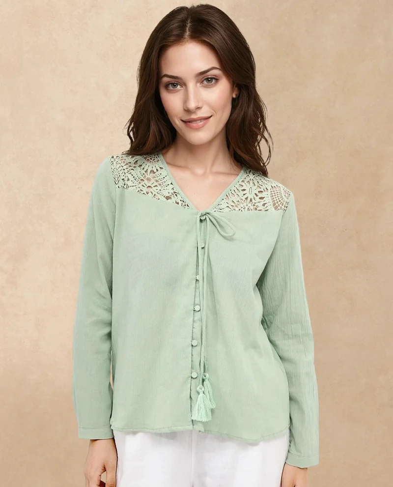 Rareism Women's Solid Full Sleeve V-Neck Top