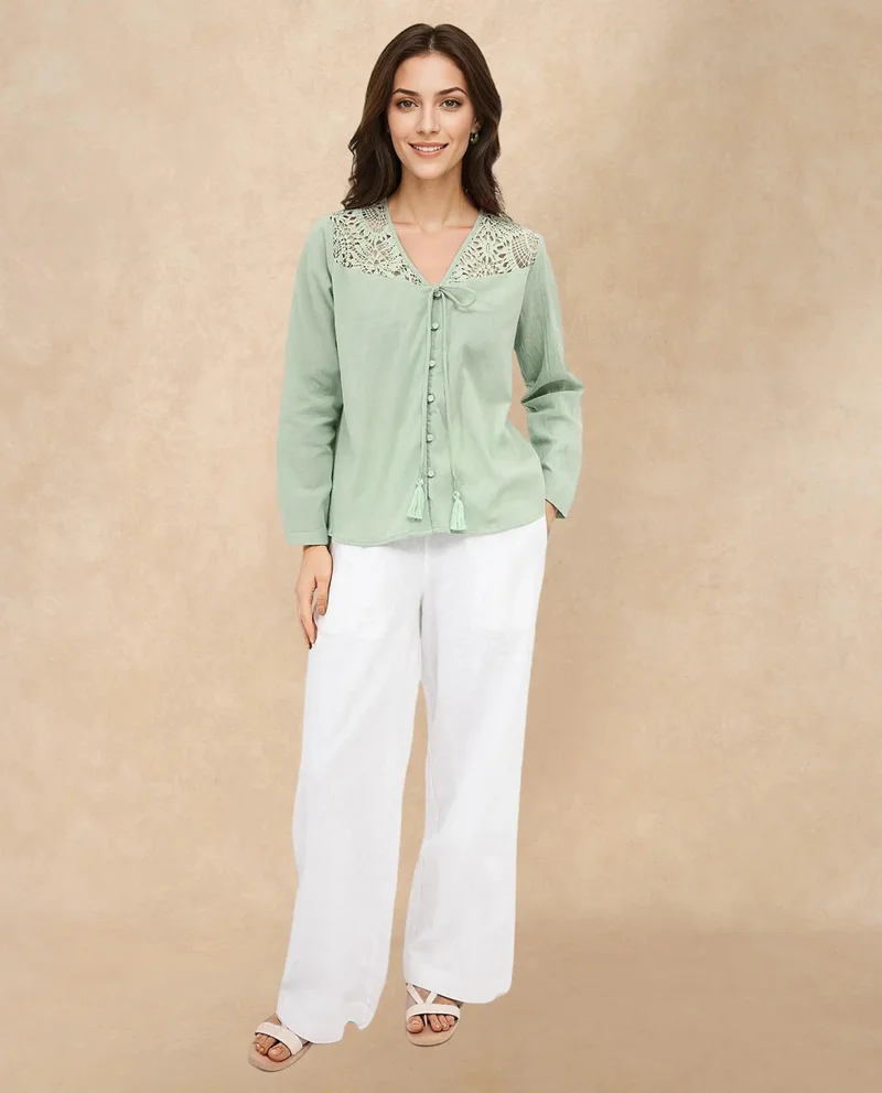 Rareism Women's Solid Full Sleeve V-Neck Top