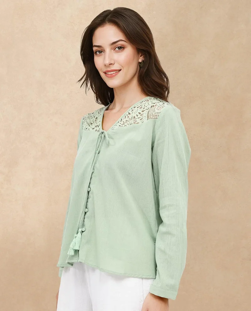 Rareism Women's Solid Full Sleeve V-Neck Top