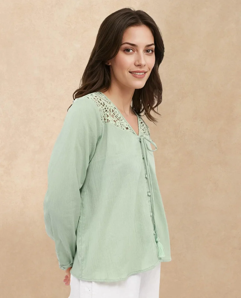 Rareism Women's Solid Full Sleeve V-Neck Top