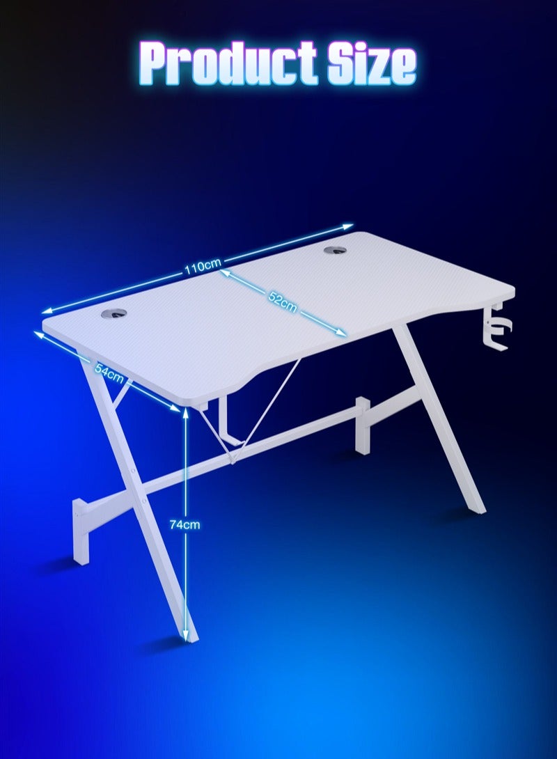 Lafulaifu طاولة ألعاب مريحة بسطح من ألياف الكربون، وخطاف سماعة رأس وحامل أكواب، ومكتب ألعاب 110×55×74 سم، ومكتب دراسة بفتحات كابلات مزدوجة، ومكتب كمبيوتر مثالي للاعبي الألعاب - Image 2