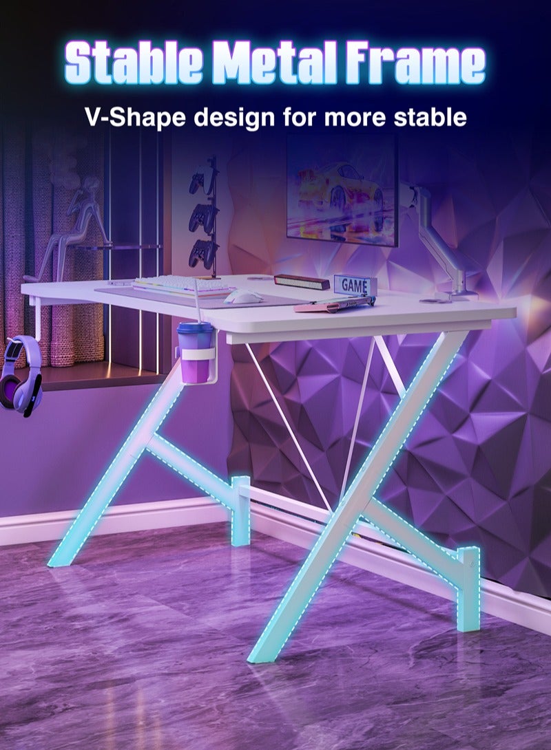 Lafulaifu طاولة ألعاب مريحة بسطح من ألياف الكربون، وخطاف سماعة رأس وحامل أكواب، ومكتب ألعاب 110×55×74 سم، ومكتب دراسة بفتحات كابلات مزدوجة، ومكتب كمبيوتر مثالي للاعبي الألعاب - Image 3