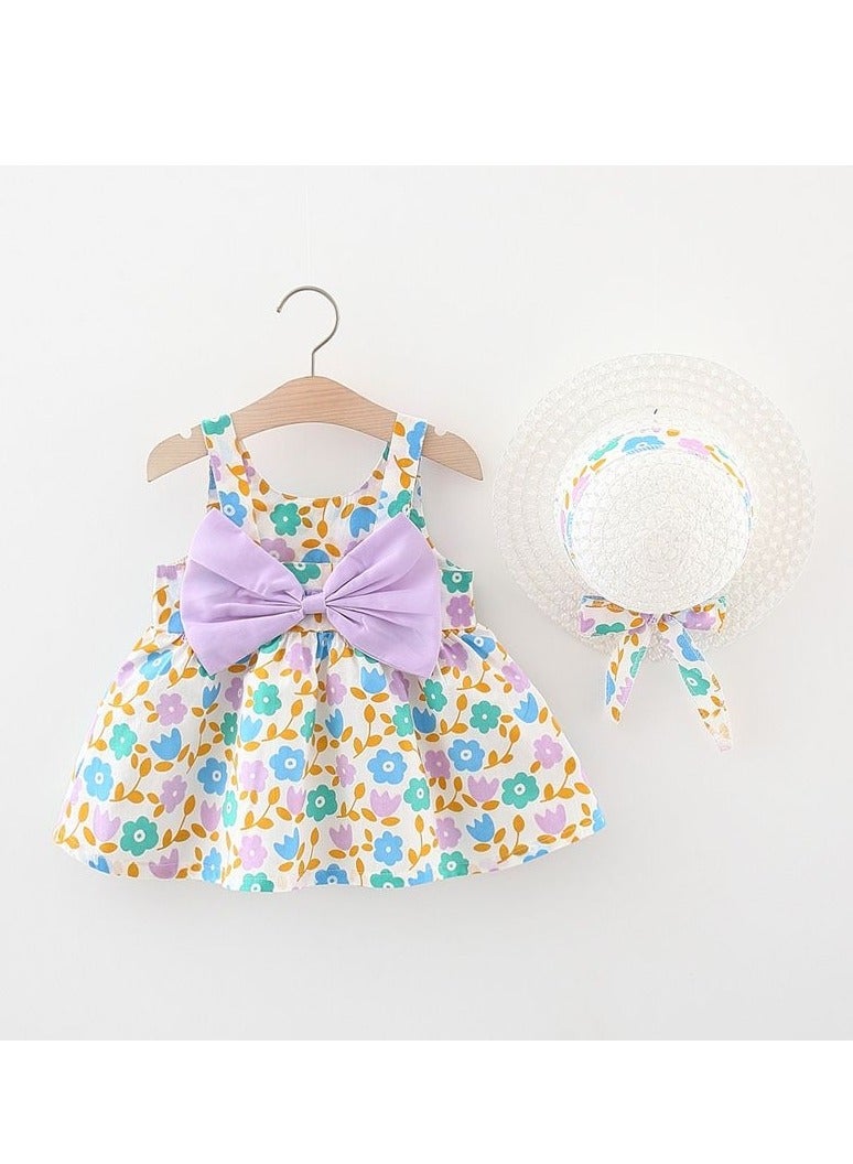 KUYING New Little Fragmented Flower Big Bow Straw Hat Skirt Girl's Strap Dress Gift Hat