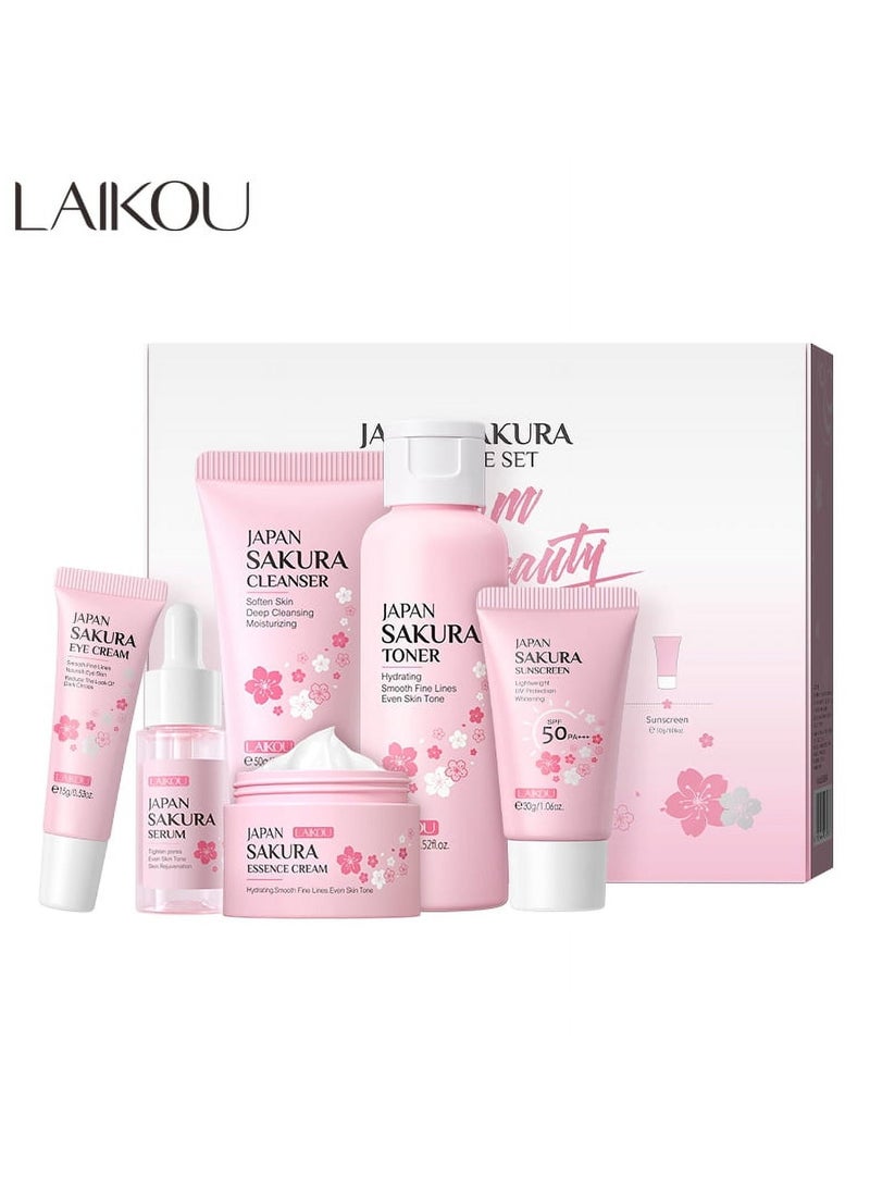 Laikou Laikou Japan Sakura Face Care Set - 6 in 1 | Skin Whitening, Moisturizing, Pore Tightening & Even Tone | Daily Routine Set with SPF 50 Sunscreen | Original Japanese Sakura Extract  - Image 1
