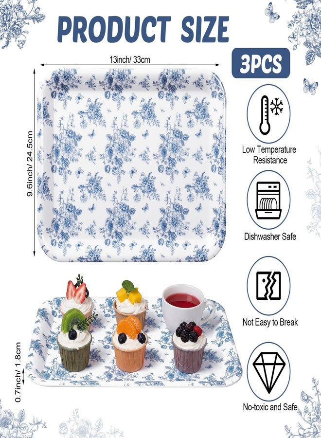 Vesici 3 Pcs Blue Floral Serving Trays 13 x 10 Inch Blue Chinoiserie Flower Melamine Platters Reusable Rectangular Serving Dishes for Spring Wedding Bridal Tea Party Sharing Snacks Fruit Dessert Candy - Image 2