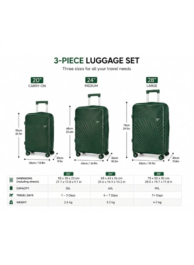 VELMORE 3 Piece Polypropylene Hard Side Luggage Set - Lightweight Spinner Suitcases with 360° Wheels | Durable Trolley Bags for Secure Travel (Small, Medium, Large) - Green - Image 2