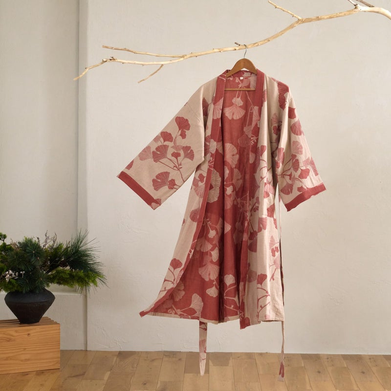 Purefair 100% Cotton Gauze Ginkgo Leaf Kimono Robe, Long Knit Loose Bathrobe Nightgown Ladies Loungewear Sleepwear for Women - Image 2