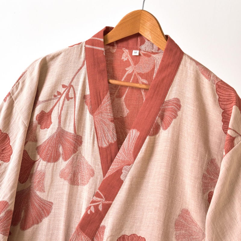 Purefair 100% Cotton Gauze Ginkgo Leaf Kimono Robe, Long Knit Loose Bathrobe Nightgown Ladies Loungewear Sleepwear for Women - Image 3