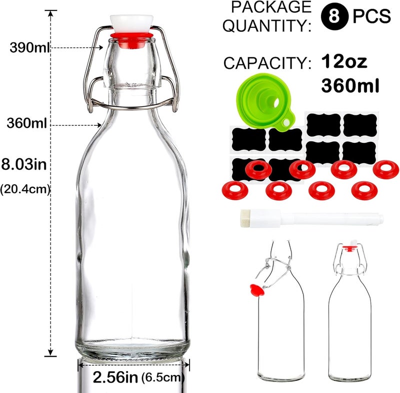 ZEBEIYU 8 Pack flip top glass bottle 12 oz,swing top glass bottles 12oz with airtight lids for home brewing,kombucha,kefir,vanilla extract,beer,oil,vinegar,homemade juices,soda,beverages,2nd fermentation - Image 2