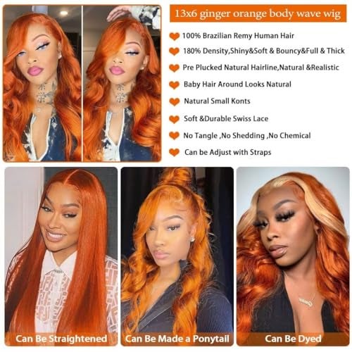 Daules 26 Inch 13×6 Ginger Lace Front Wigs Human Hair Orange Ginger Body Wave HD Lace Frontal Wigs for Women 180% Density #350 Color Glueless Wig Pre Plucked Super Soft - Image 4