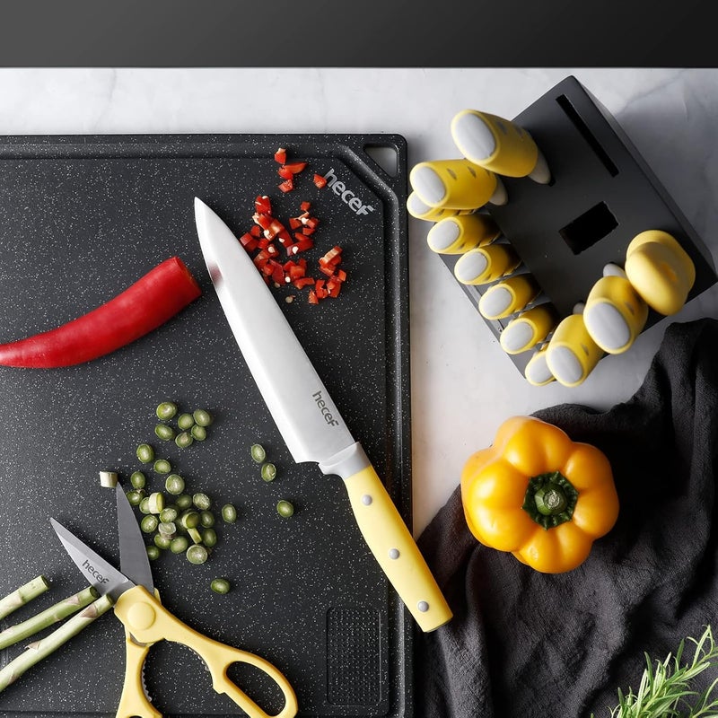 hecef Kitchen Knife Block Set, 14 Pieces Knife Set with Wooden Block & Sharpener Steel & All-purpose Scissors, High Carbon Stainless Steel Cutlery Set (Yellow) - Image 5