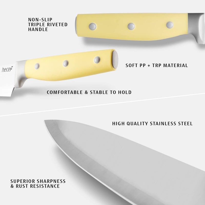 hecef Kitchen Knife Block Set, 14 Pieces Knife Set with Wooden Block & Sharpener Steel & All-purpose Scissors, High Carbon Stainless Steel Cutlery Set (Yellow) - Image 3