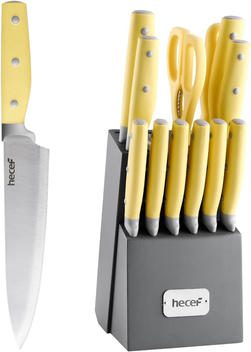 hecef Kitchen Knife Block Set, 14 Pieces Knife Set with Wooden Block & Sharpener Steel & All-purpose Scissors, High Carbon Stainless Steel Cutlery Set (Yellow) - Image 1