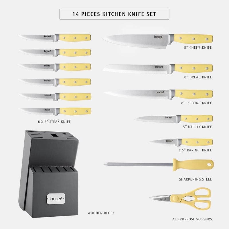 hecef Kitchen Knife Block Set, 14 Pieces Knife Set with Wooden Block & Sharpener Steel & All-purpose Scissors, High Carbon Stainless Steel Cutlery Set (Yellow) - Image 2