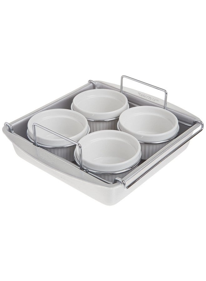chicago metallic Chicago Metallic Professional 6-Piece Creme Brulee Set with 4 Porcelain Ramekins, 8-inch Square Pan and Wire Rack - Image 1