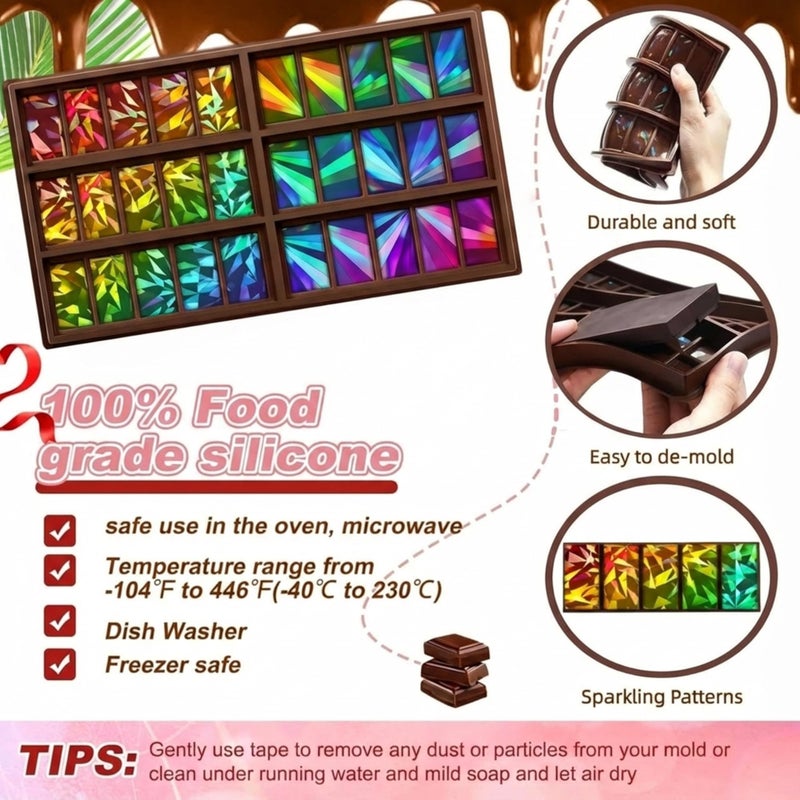 Ziliny Windmill and Diamond Holographic Chocolate Bar Mold Silicone, Rainbow Light Effect Chocolate Bar Deep Thick Molds for DIY Candy Dessert Baking, Candy, Wax Melts, Cake Decoration (Rectangle) - Image 3