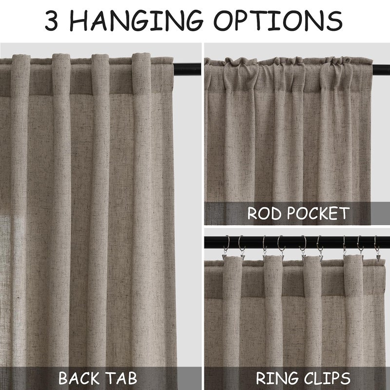 Nanspring Mocha Back Tab Linen Curtains for Living Room 2 Panels Set Semi Sheer Curtains for Dining Room 52X84 - Image 2