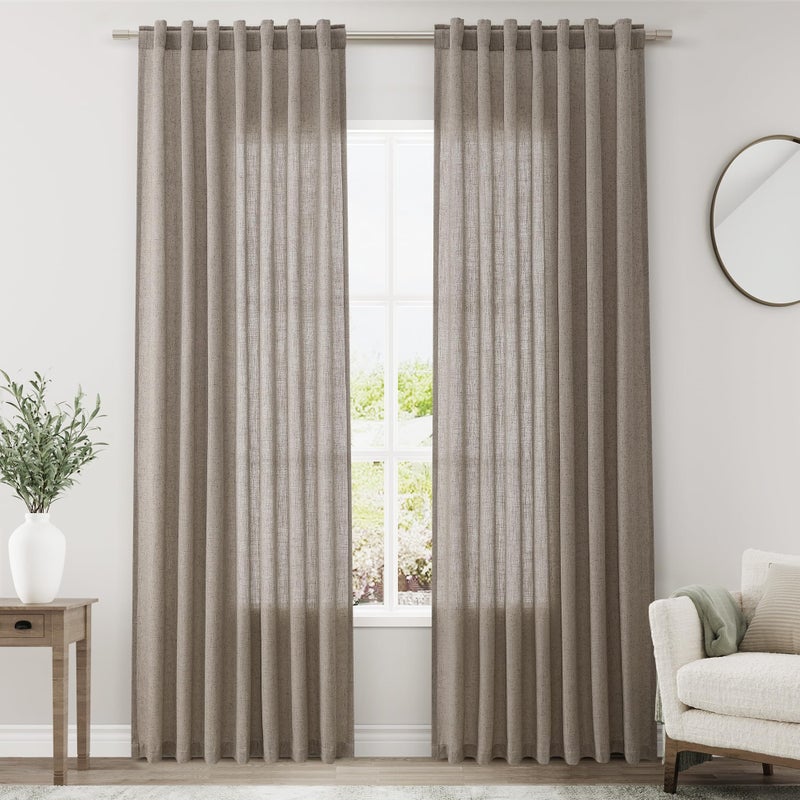Nanspring Mocha Back Tab Linen Curtains for Living Room 2 Panels Set Semi Sheer Curtains for Dining Room 52X84 - Image 1