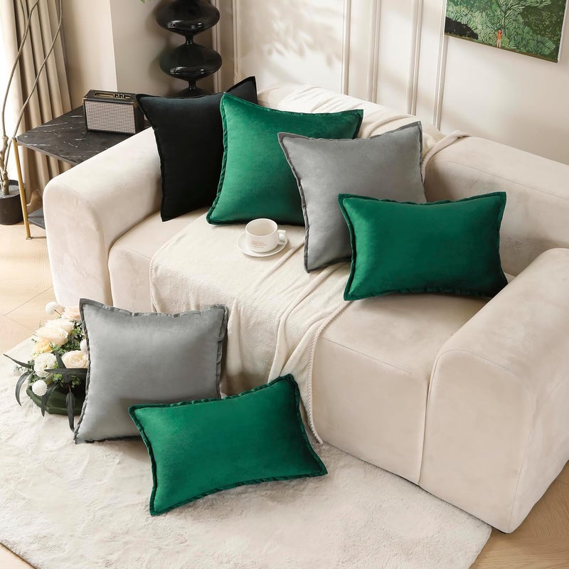 VAKADO Throw Pillow Covers 12x20 Set of 2 Sage Green Velvet Decor Decorative Couch Cushion Euro Pillowcases with Fringe Home Bed Decoration for Sofa Bedroom Office - Image 5