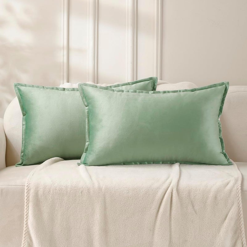 VAKADO Throw Pillow Covers 12x20 Set of 2 Sage Green Velvet Decor Decorative Couch Cushion Euro Pillowcases with Fringe Home Bed Decoration for Sofa Bedroom Office - Image 1