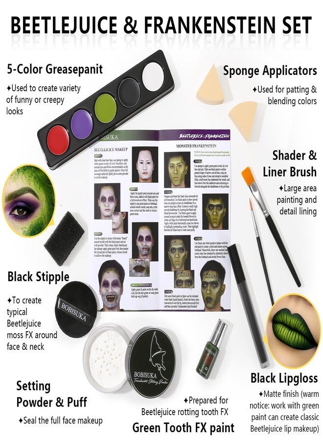 BOBISUKA Halloween Beetle-juice Makeup & Frankenstein Makeup Kit, Face Paint SFX Character Set with Black Lipstick & Applicators for Ghost, Zombie, Grinch Special Effects Make Up, Costume Cosplay Party & Stage - Image 2