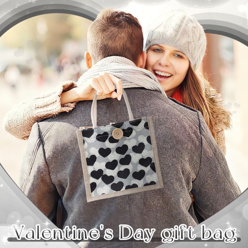 Abbylike 6 Pcs Valentine's Day Heart Tote Gift Bag Reusable Burlap Canvas Embroidered Bag with Handles Button for Party Favor(Black,Black Heart) - Image 5