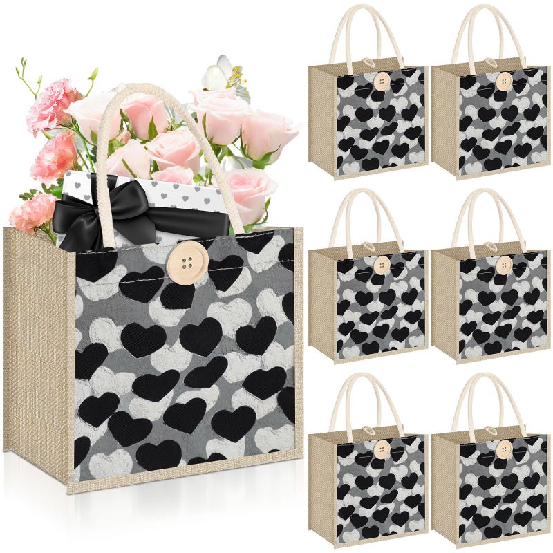 Abbylike 6 Pcs Valentine's Day Heart Tote Gift Bag Reusable Burlap Canvas Embroidered Bag with Handles Button for Party Favor(Black,Black Heart) - Image 1