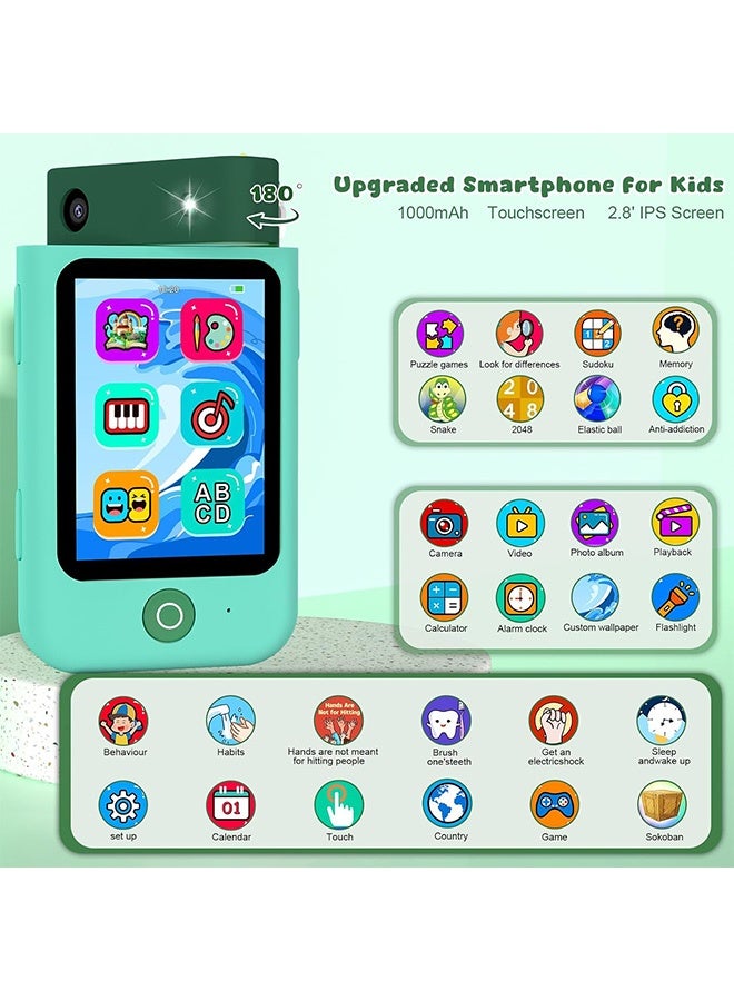 Kids Smart Phone Toys for Boys, Birthday Gifts for Boys Ages 3-8,2.8'Touchscreen Toddler Learning Toy phone with Rotating Camera,Story Phones for Kids , Music Player,32G SD Card-Green - Image 4