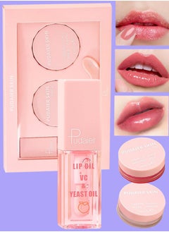 3 in 1 Lip Care Lip Set Sugar Lip Scrub Lip Mask and Lip Glow Oil Exfoliant Hydrating Moisturizing Plumping Lip Glow Lip Care Set Peach Lip Gloss with Vitamin C Lip Plumper Gloss