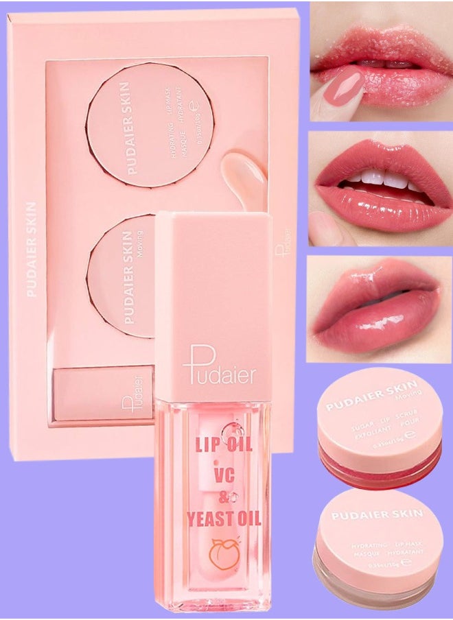pudaier - 3 in 1 Lip Care Lip Set Sugar Lip Scrub Lip Mask and Lip Glow Oil Exfoliant Hydrating Moisturizing Plumping Lip Glow Lip Care Set Peach Lip Gloss with Vitamin C Lip Plumper Gloss - Image 1