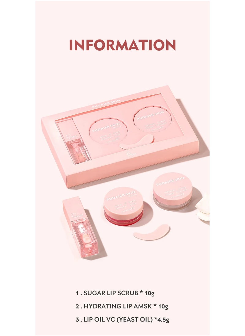 pudaier - 3 in 1 Lip Care Lip Set Sugar Lip Scrub Lip Mask and Lip Glow Oil Exfoliant Hydrating Moisturizing Plumping Lip Glow Lip Care Set Peach Lip Gloss with Vitamin C Lip Plumper Gloss - Image 1