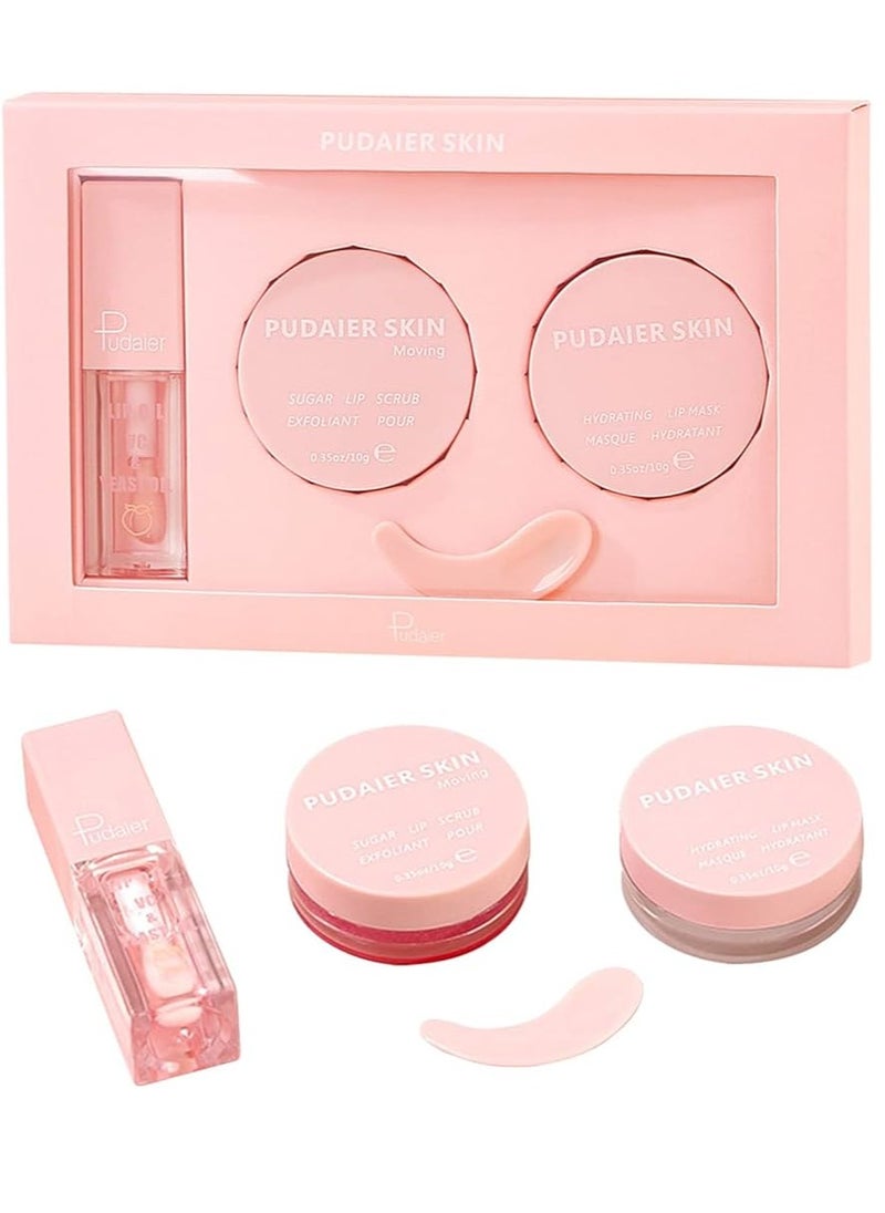 pudaier - 3 in 1 Lip Care Lip Set Sugar Lip Scrub Lip Mask and Lip Glow Oil Exfoliant Hydrating Moisturizing Plumping Lip Glow Lip Care Set Peach Lip Gloss with Vitamin C Lip Plumper Gloss - Image 1