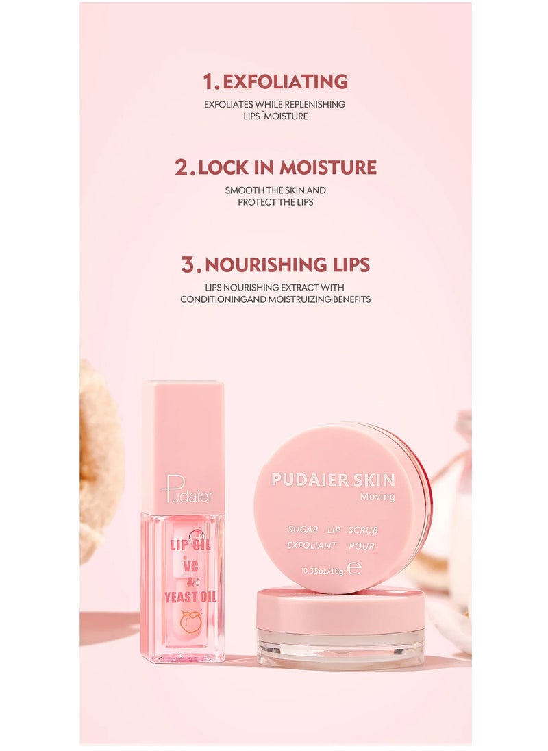 pudaier - 3 in 1 Lip Care Lip Set Sugar Lip Scrub Lip Mask and Lip Glow Oil Exfoliant Hydrating Moisturizing Plumping Lip Glow Lip Care Set Peach Lip Gloss with Vitamin C Lip Plumper Gloss - Image 1