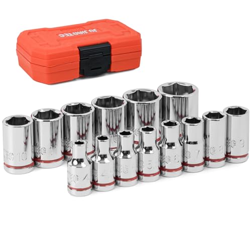 JU JIAN TEC 1/4" Drive Metric Master Socket Set, 14-Piece Shallow Hex Socket Set (4mm-15mm), Cover Most Commonly Sizes, 6 Point, Chrome Vanadium Steel with Molded Case - Image 1