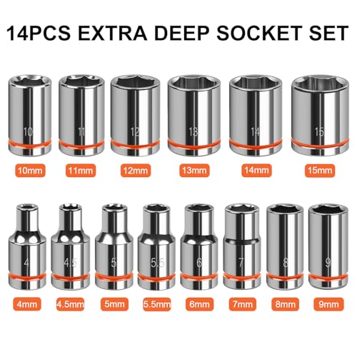 JU JIAN TEC 1/4" Drive Metric Master Socket Set, 14-Piece Shallow Hex Socket Set (4mm-15mm), Cover Most Commonly Sizes, 6 Point, Chrome Vanadium Steel with Molded Case - Image 5