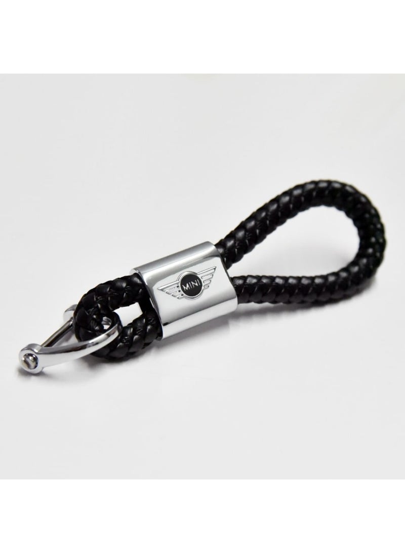 Mini Cooper مفتاح سيارة أسود لحافظة MINI Cooper - حلقة مفاتيح معدنية قابلة للفصل و جلد محبوك باليد - متوافقة مع موديلات R55 R56 R57 R58 R59 R60 R61 F54 F55 F56 F57 F60 - Image 1