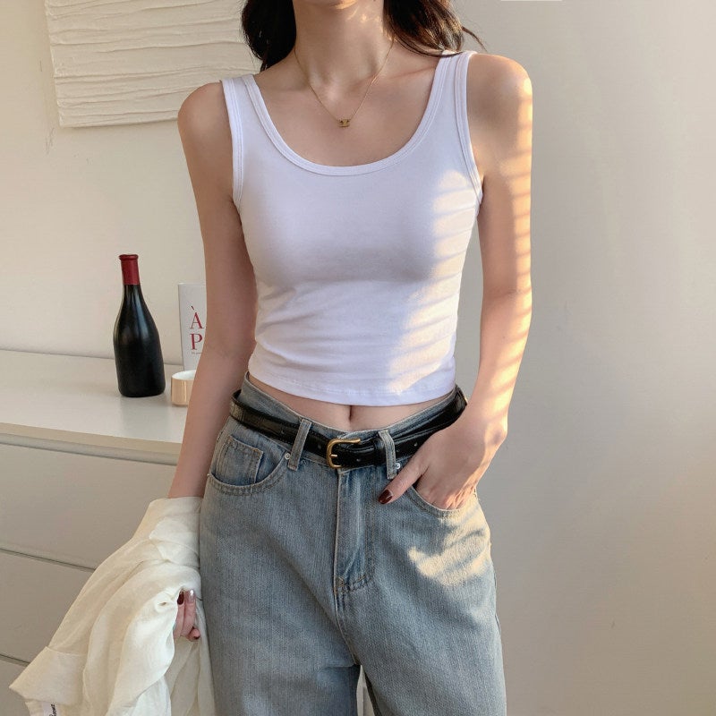 Black small spaghetti strap vest, women's inner wear for summer, outer wear as a base U-shaped beauty back, sports cover for side , short crop top - Image 1