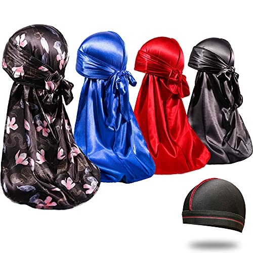 ForceWave 4PCS Silky Durags for Men 360 Waves, Designer Do Rag, 1 Wave Cap (Snack Flower Blue Black Red) - Image 1