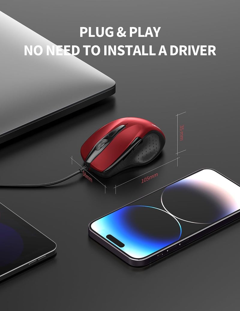 TECKNET USB Wired Mouse, 6400 DPI Mice 4 Adjustable DPI with 7-Button Corded, Optical Computer Mouse with Ergonomic Design for Laptop, Chromebook, PC, Desktop, Mac, Notebook-Red - Image 3
