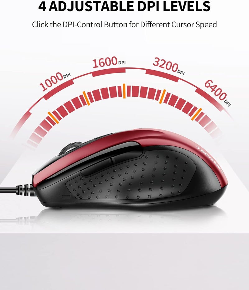 TECKNET USB Wired Mouse, 6400 DPI Mice 4 Adjustable DPI with 7-Button Corded, Optical Computer Mouse with Ergonomic Design for Laptop, Chromebook, PC, Desktop, Mac, Notebook-Red - Image 5