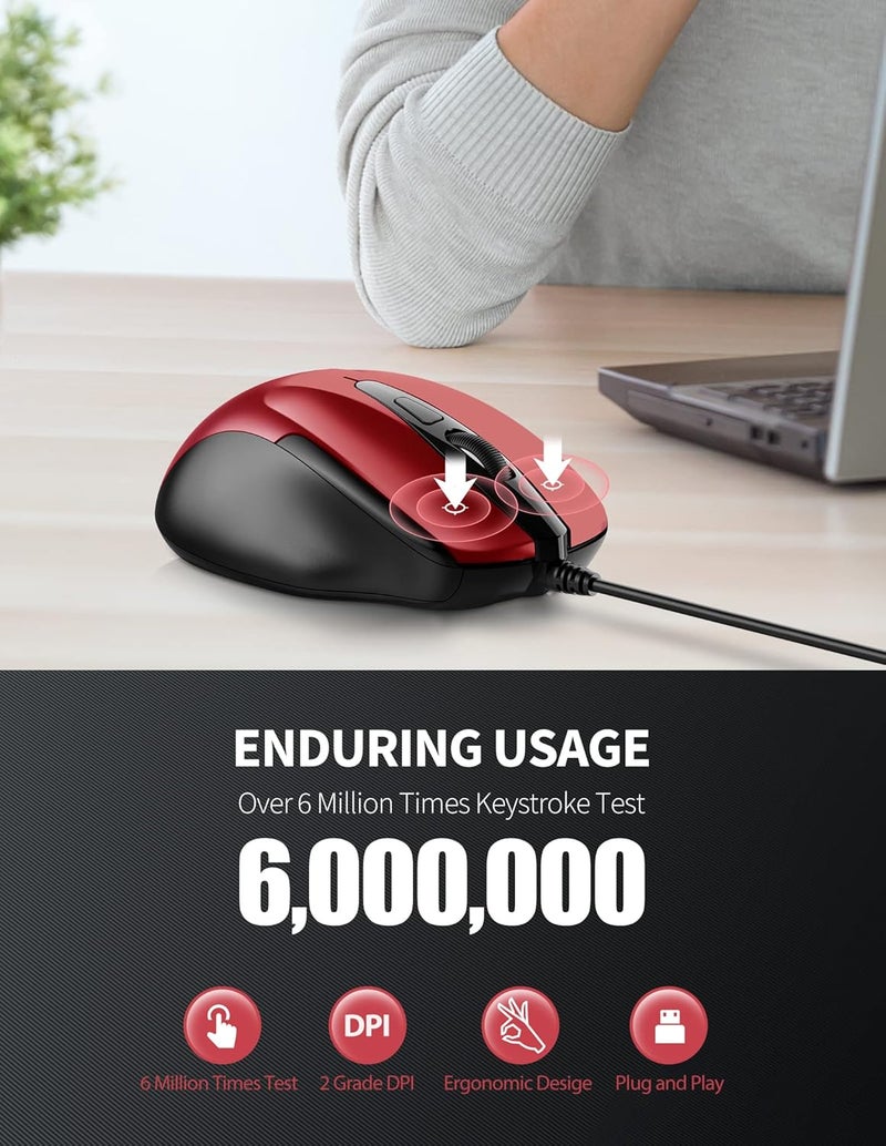 TECKNET USB Wired Mouse, 6400 DPI Mice 4 Adjustable DPI with 7-Button Corded, Optical Computer Mouse with Ergonomic Design for Laptop, Chromebook, PC, Desktop, Mac, Notebook-Red - Image 4