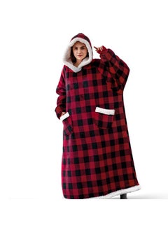 Christmas Hooded Sweater Winter Warm Long Lazy Person Suit Large Red Deer Printing Blanket Parkas Coat Thickened Fleece Lining D21-red black plaid