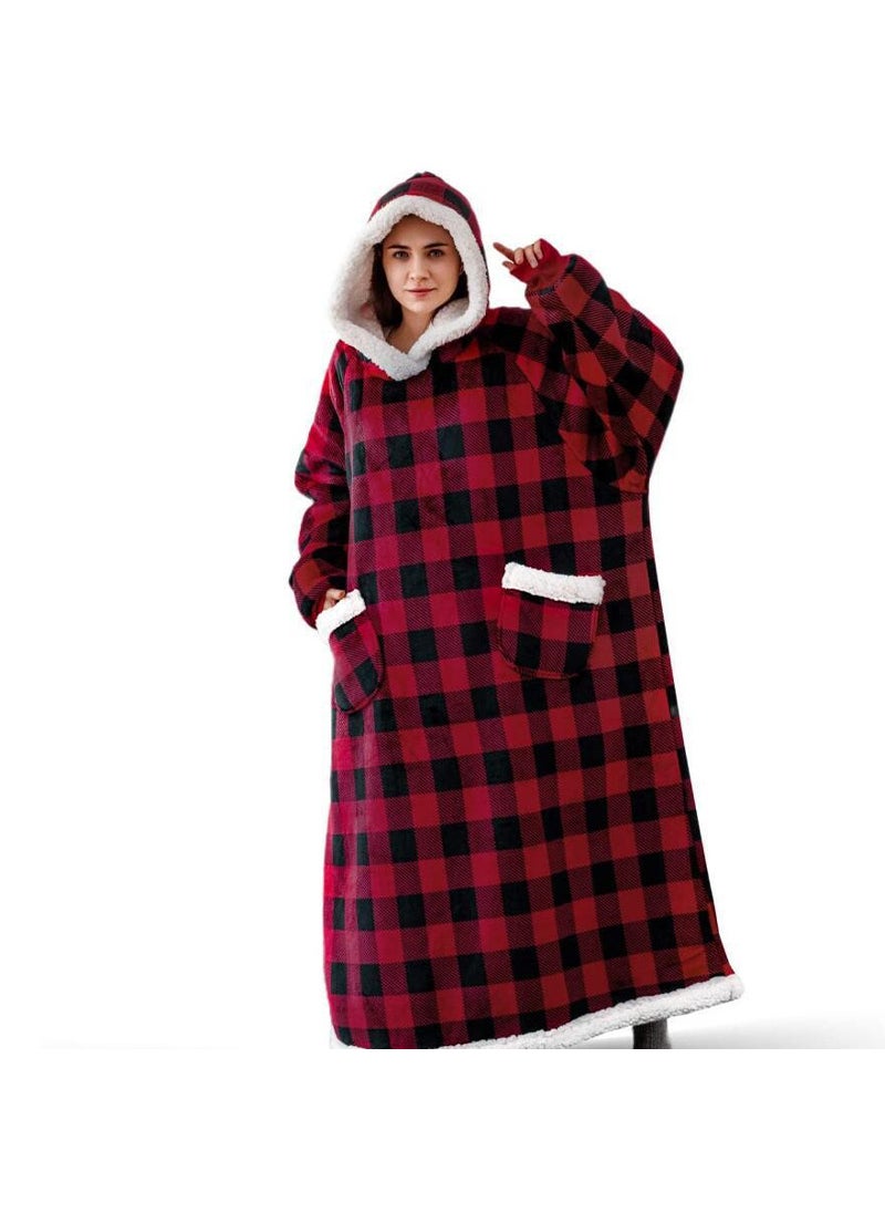 Generic - Christmas Hooded Sweater Winter Warm Long Lazy Person Suit Large Red Deer Printing Blanket Parkas Coat Thickened Fleece Lining D21-red black plaid - Image 1