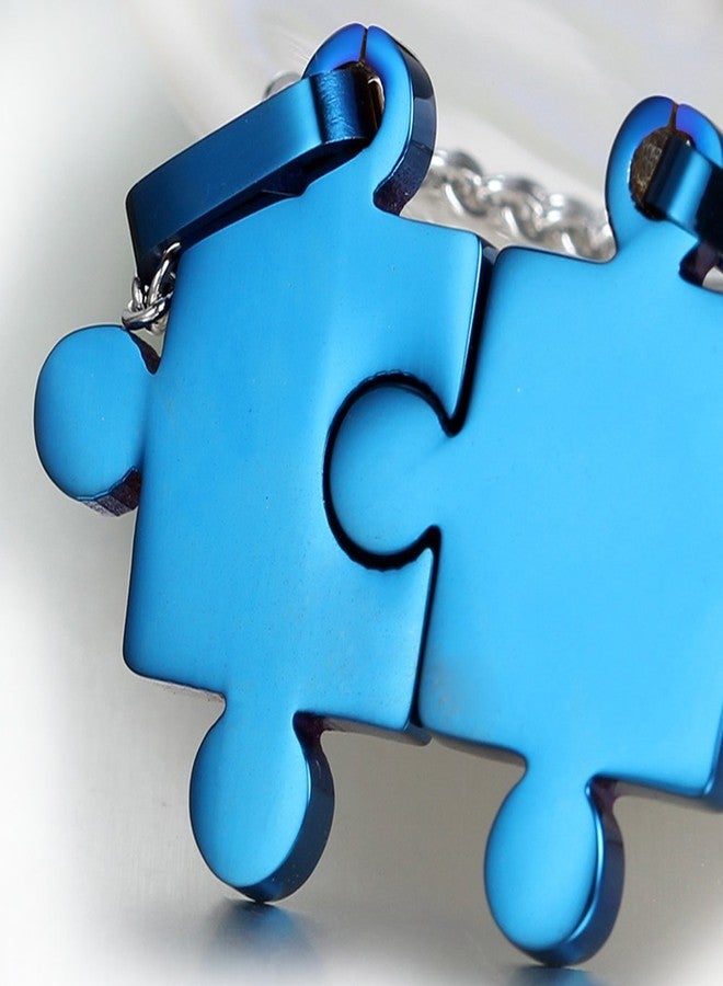 Cupimatch 2 Pieces Stainless Steel Puzzle Matching Pendant Couple Necklace Set with 18" & 22" Chain (Blue) - Image 2