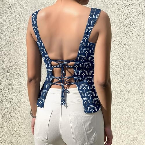 Aahwan Blue Printed Square Neck Sleeveless Backless Short Indo-Western Ethnic Kurti Top for Women's & Girl's (357-Blue-M) - Image 2