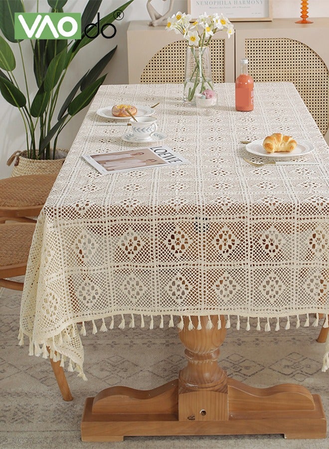 VAOdo Hollow Tablecloth, Rustic Style Table Cloth with Tassels, Boho Table Covers Waterproof and Oilproof for Home Restaurant Hotel Beige 140*180CM - Image 2