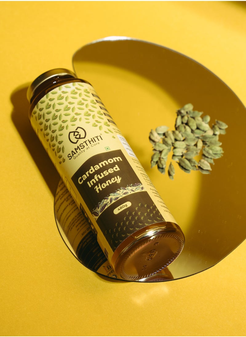 Cardamom Infused Honey, 100% Pure Organic Natural Honey, Made with Raw Honey and Cardamom Extract, No Added Sugar, No Preservatives, Herbal Ayurvedic Blend, Honey for Cold, Cough & Immune Support, 480g